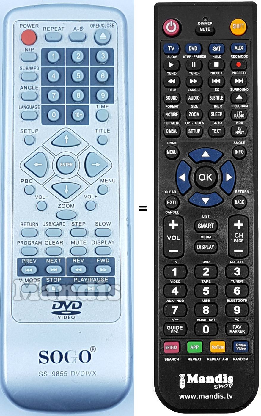 Replacement remote control SS-9855 DVDIVX