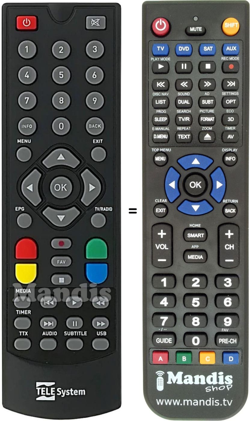 Replacement remote control for TELESYSTEM T2HEVC (TS6808)